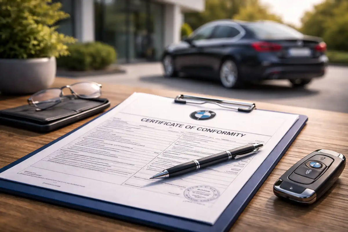 BMW vehicle in a parking lot, next to a document that reads: cheap auto COC BMW.